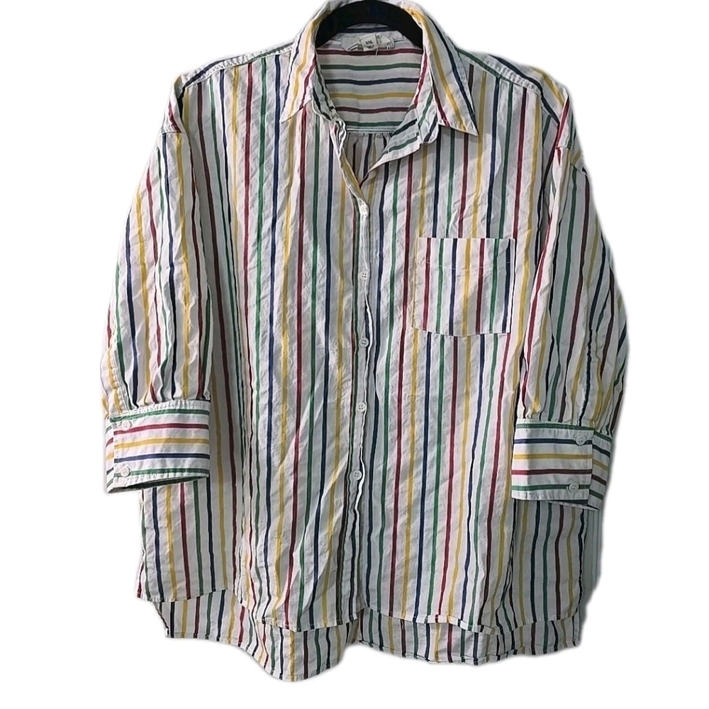 Tuckernuck Pomander Place Women's Size XXL Rainbow Striped Adair Boyfriend Shirt